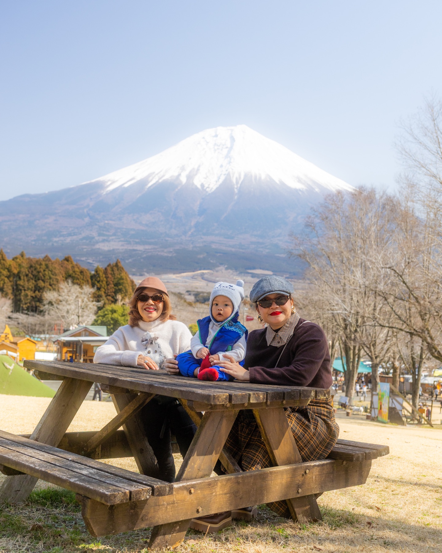 Family travel moment with Mount Fuji